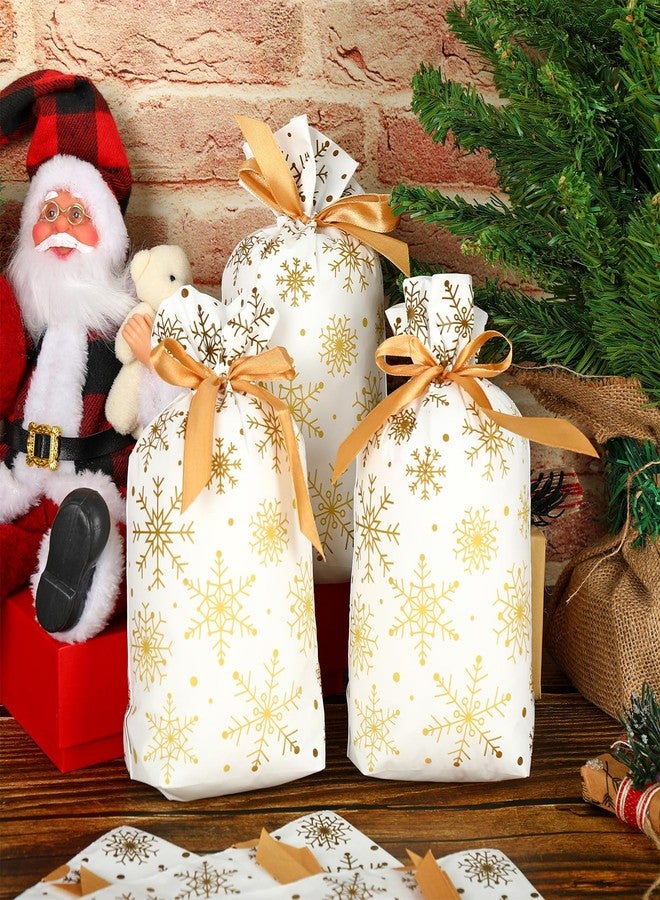 Whaline 72Pcs Christmas Plastic Drawstring Gift Bags 5.9 x 9.1 Inch White Gold Snowflake Treat Bags with Gold Ribbon Candy Goodies Bags for Winter Xmas Party Supplies - Image 3